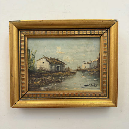 Rustic Farm Oil Painting "Thatched Cottage" Vintage Small Artwork Holland Art Shop