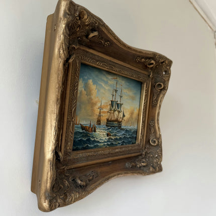 Detailed Harbor Scene Oil Painting "Sailing Ship" Rustic Small Artwork Holland Art Shop