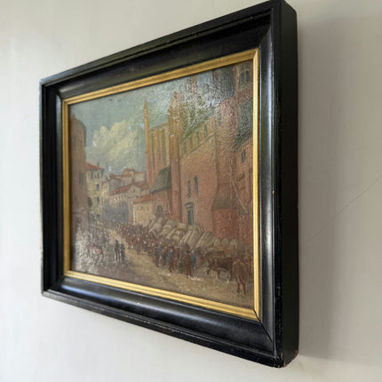 Rustic Cityscape Oil Painting "Market Crowd" Timeless Small Artwork Holland Art Shop