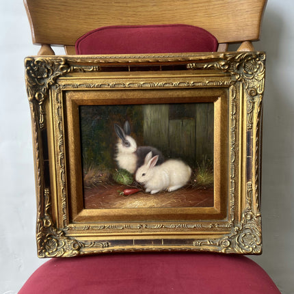 Refined Animals Oil Painting "White Rabbit" Vintage Small Artwork Holland Art Shop