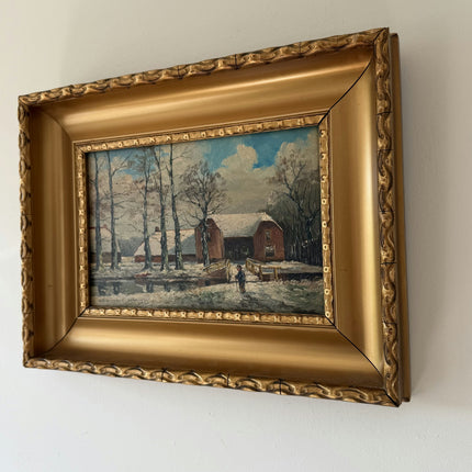Authentic Interior Oil Painting "Snowy Barn" Original Small Artwork Holland Art Shop