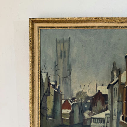 Handcrafted Oil Painting Cityscape "Snowy Street Corner" Remarkable Small Art Holland Art Shop