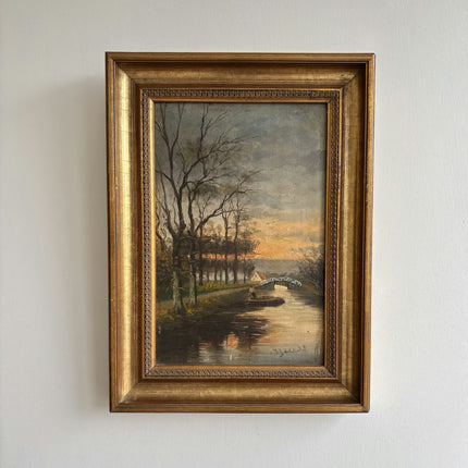 19th Century Antique Landscape Oil Painting "River Boat" Dutch Artwork Holland Art Shop
