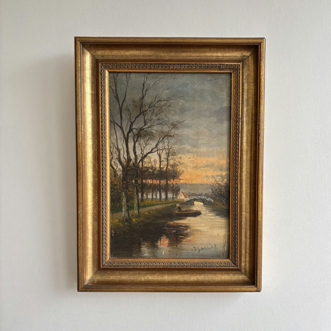 19th Century Antique Landscape Oil Painting "River Boat" Dutch Artwork Holland Art Shop