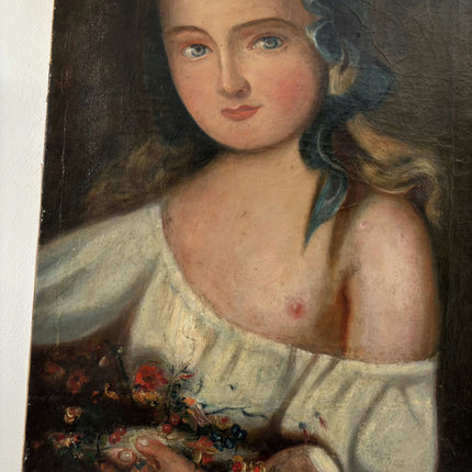 1885 Antique Portrait Oil Painting "Blue Ribbon Girl" Artwork Holland Art Shop