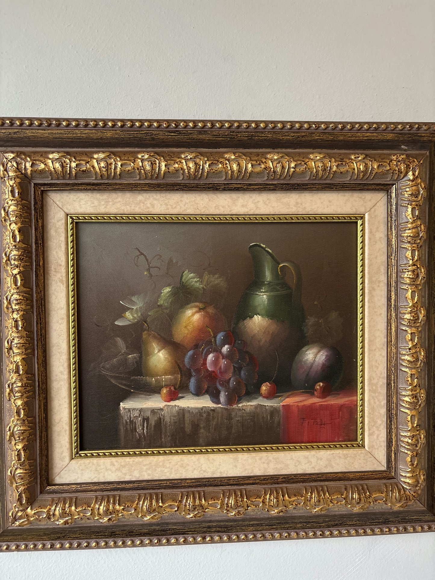 20th Century Vintage Pear Grapes Plum Jug Table Oil Painting Authentic