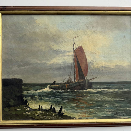 Rustic Seascape Oil Painting "Red Sailboat" Traditional Art Holland Art Shop