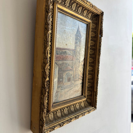 1896 Antique Cityscape Oil Painting "Bell Tower" Small Artwork Holland Art Shop