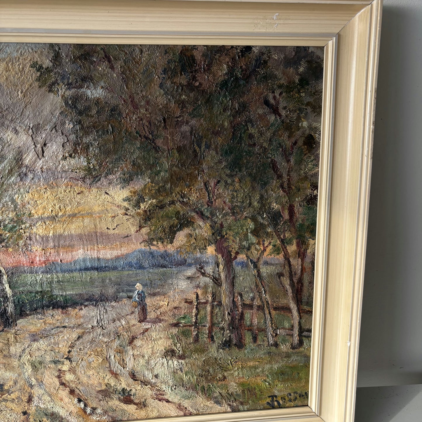 Striking Landscape Oil Painting "Woman With Basket" Classic Medium Art