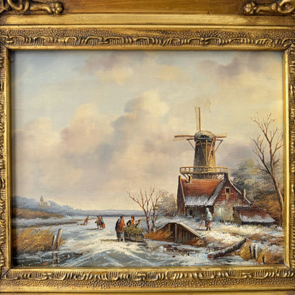 19th Century Antique Winter Landscape Oil Painting "Gilded Frame" Small Artwork Holland Art Shop