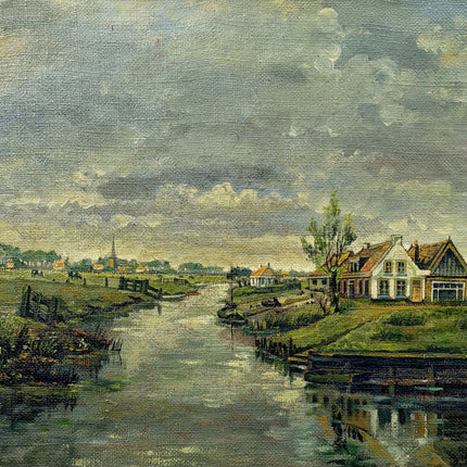 1940 Landscape Oil Painting "Riverside House" Large Artwork Holland Art Shop