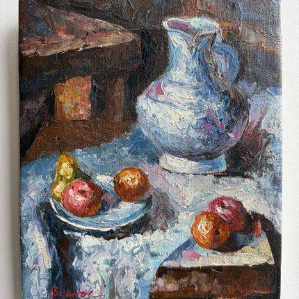 Elegant Still Life Oil Painting "Blue Pitcher" Vintage Small Art Holland Art Shop