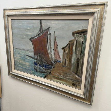 Original Harbor Scene Oil Painting "Red Sailboat" Elegant Large Art Holland Art Shop