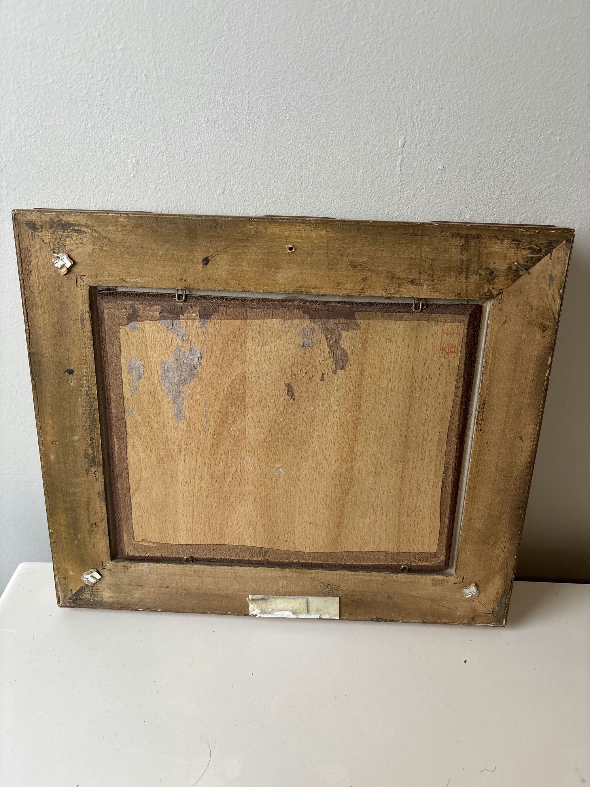 Antique Hand Made Dogs River Rocks Forest Bridge Oil Painting