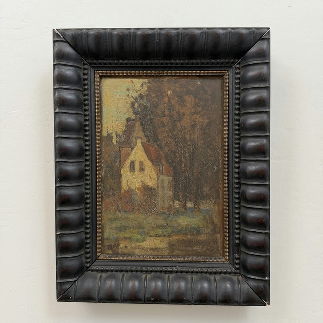 19th Century Antique Scenery Oil Painting "Painted Church" Small Artwork Holland Art Shop