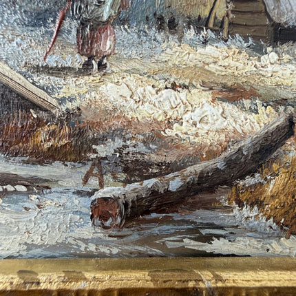 19th Century Antique Winter Landscape Oil Painting "Gilded Frame" Small Artwork Holland Art Shop
