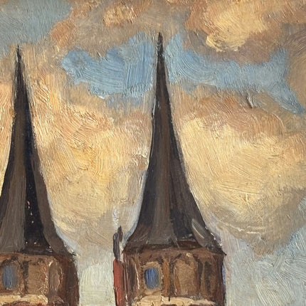 Classic Cityscape Oil Painting "Twin Spires" Refined Small Art Holland Art Shop