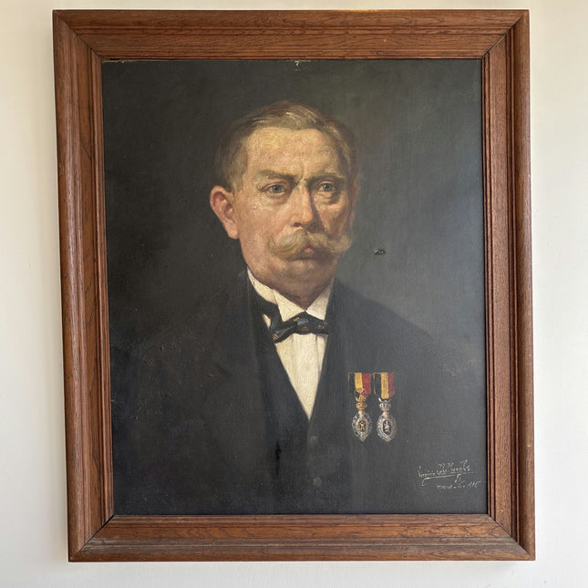 1916 Antique Portrait Oil Painting "Moustached Man" Large Art Holland Art Shop