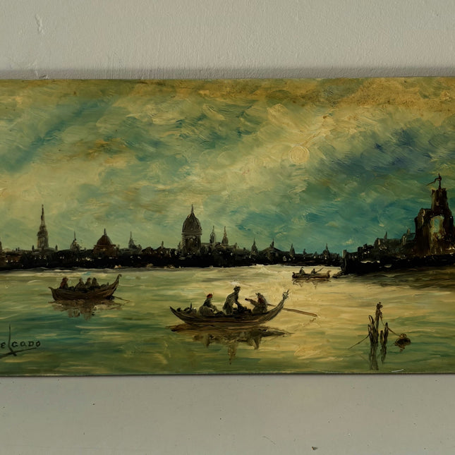 Handcrafted Harbor Scene Oil Painting "Gondola Boats" Refined Small Artwork Holland Art Shop