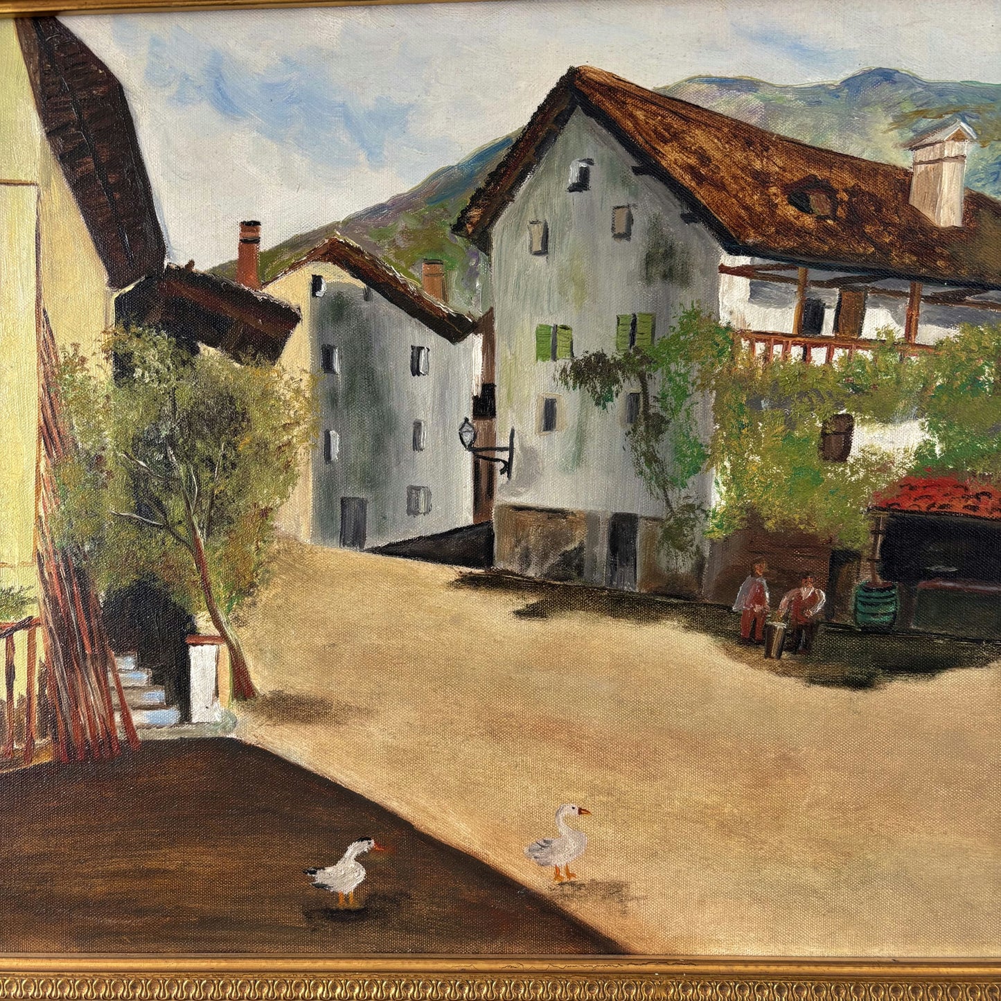 Classic Oil Painting Cityscape "Grazing Geese" Traditional Large Art