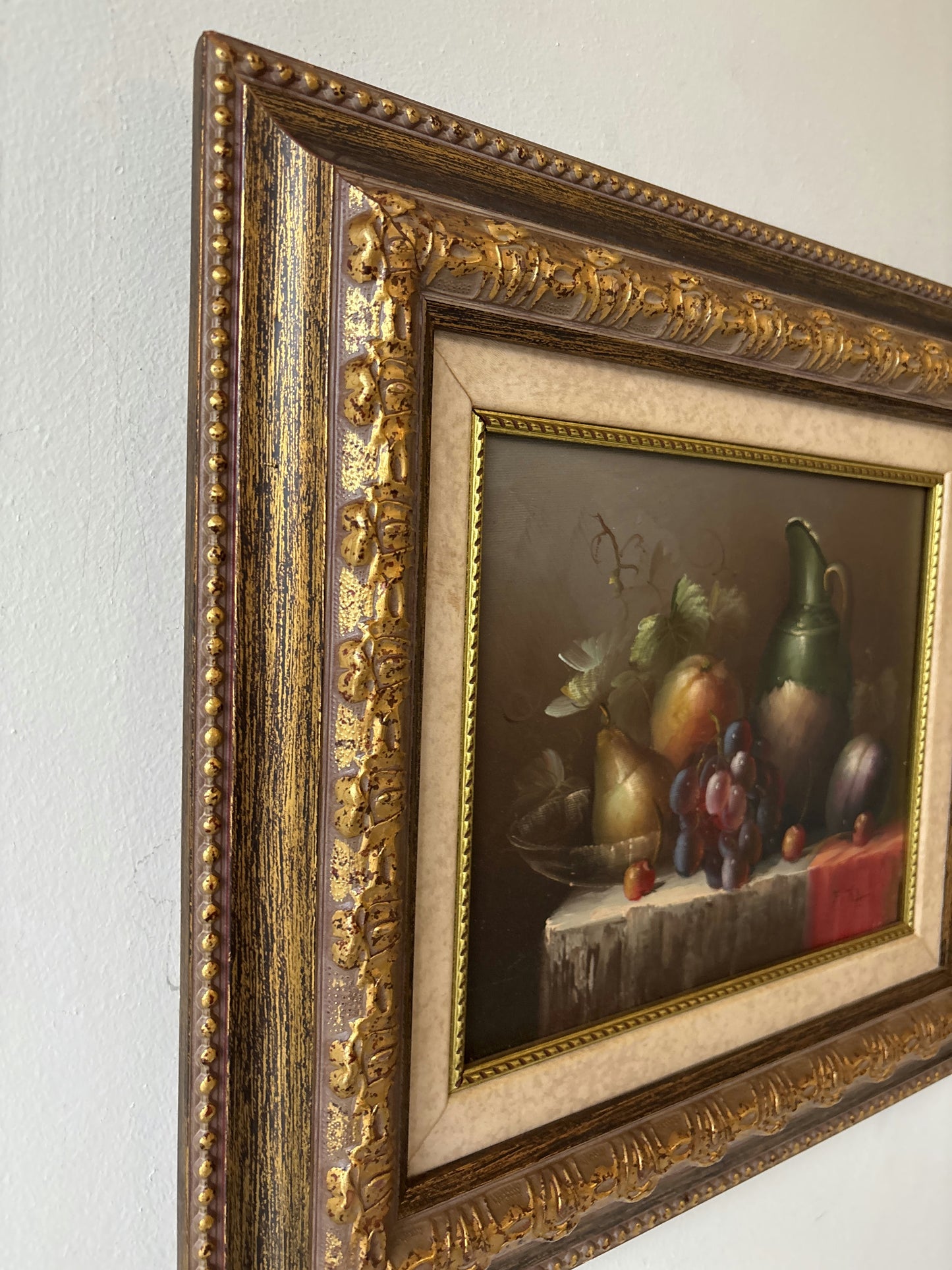 20th Century Vintage Pear Grapes Plum Jug Table Oil Painting Authentic