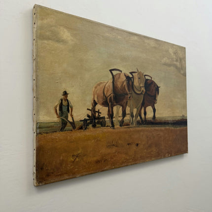Handcrafted Animals Oil Painting "Plough Horses" Vintage Art Holland Art Shop