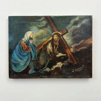 Vintage Religious  Oil Painting "Man CarryingCross" Original Small Art Holland Art Shop