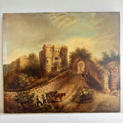 19th Century Antique Landscape Oil Painting "Stone Castle" Small Artwork Holland Art Shop