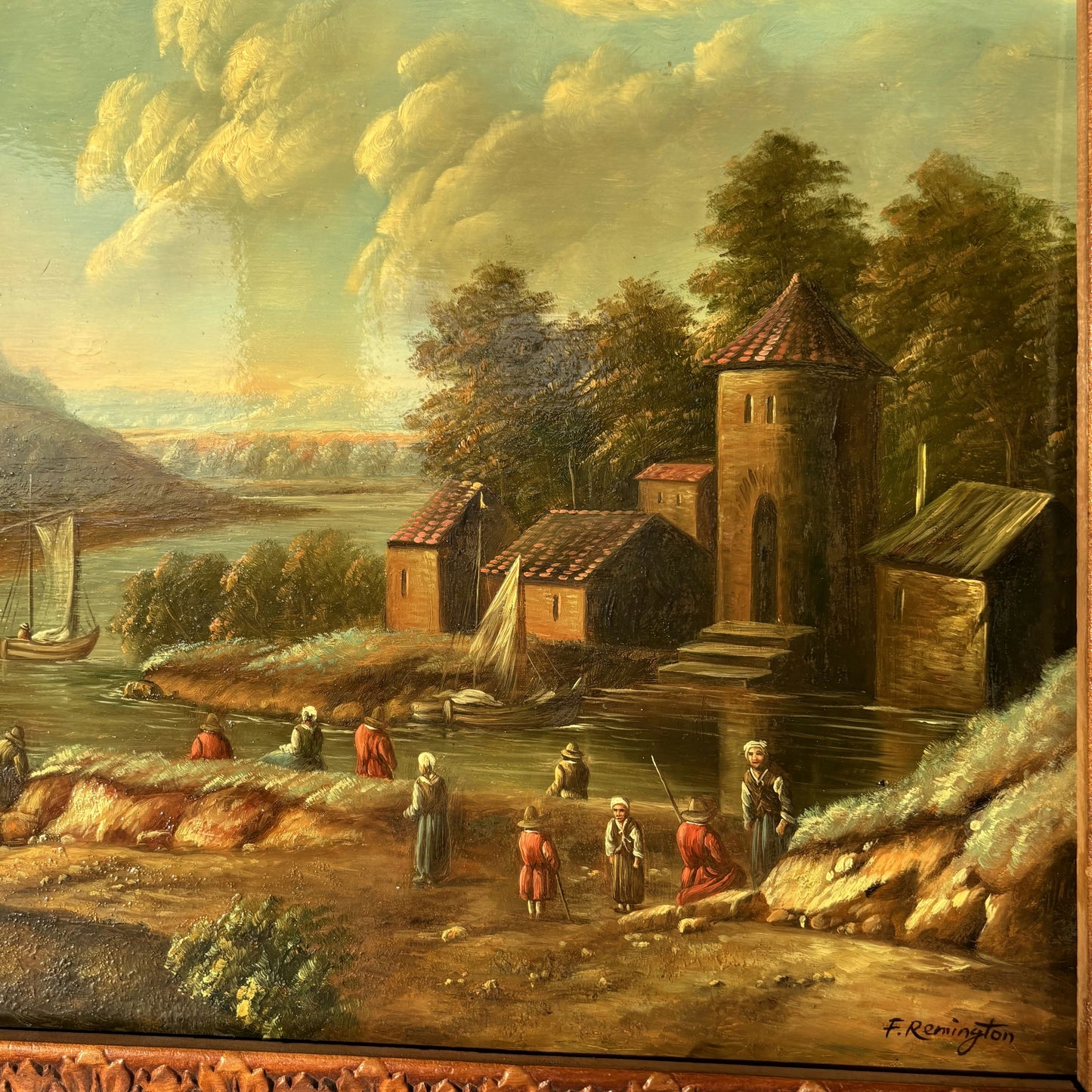 Marvelous Oil Painting Cityscape "Fishing Village" Fine French Art