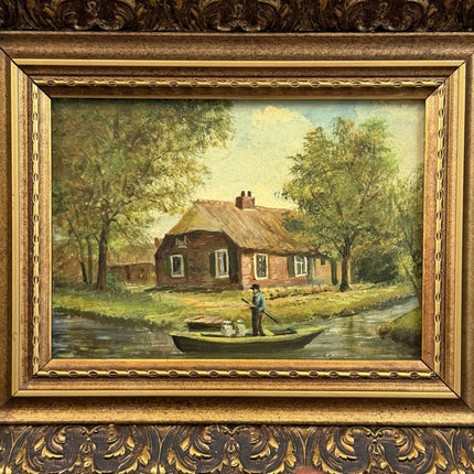 Original Landscape Oil Painting "River Boat" Traditional Small Art Holland Art Shop