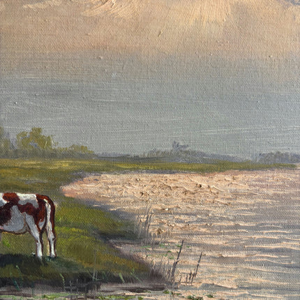 Elegant Landscape Oil Painting "Grazing Cow" Vintage Large Art Holland Art Shop