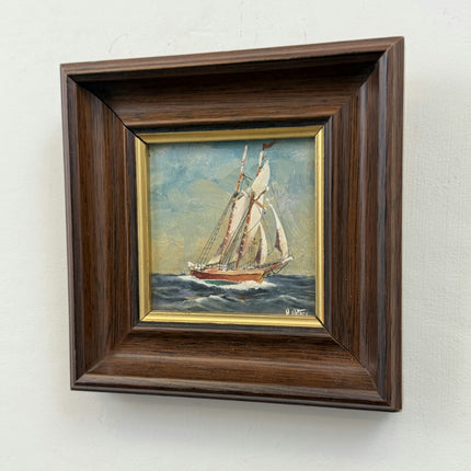 Vintage Seascape Oil Painting "Sailing Ship" Rustic Small Artwork Holland Art Shop