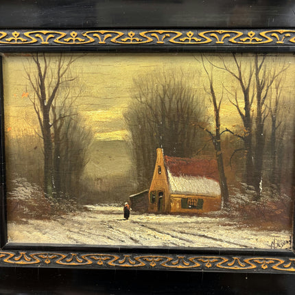 19th Century Antique Winter Landscape Oil Painting "Wooden Frame" Artwork Holland Art Shop