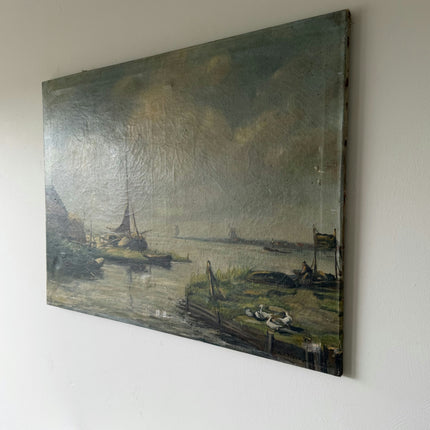19th Century Antique Seascape Oil Painting "Sailboat Mast" Large Artwork Holland Art Shop