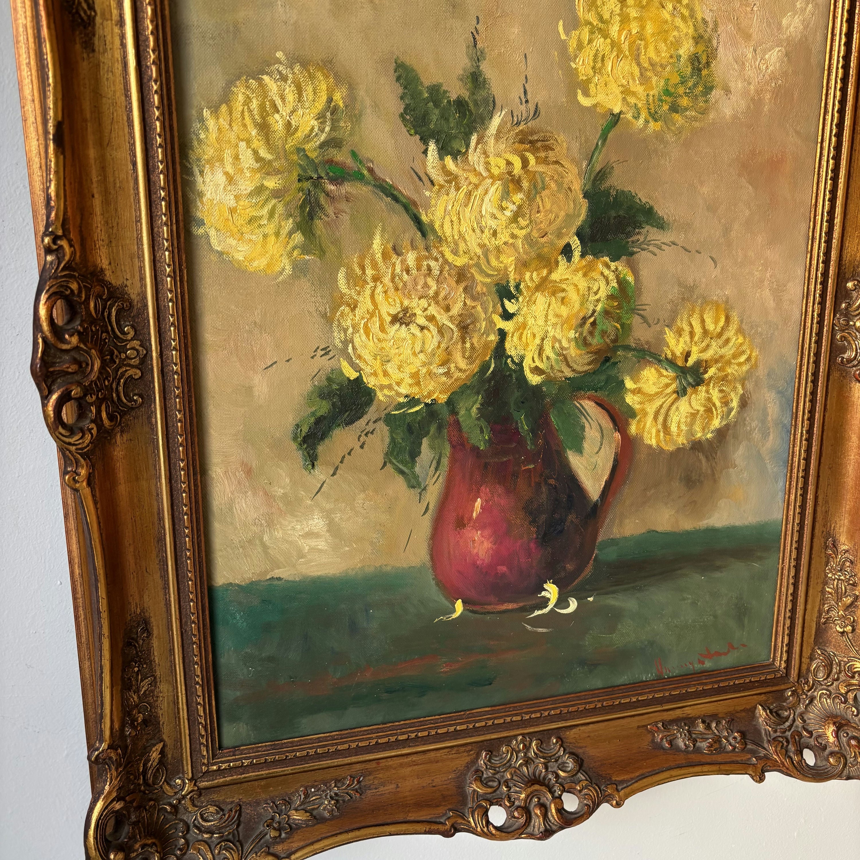 19th Century Elegant Yellow Chrysanthemums Red Pitcher Oil Painting Antique