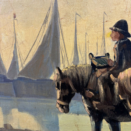 19th Century Antique Harbor Scene Oil Painting "Draft Horses" Large Artwork Holland Art Shop