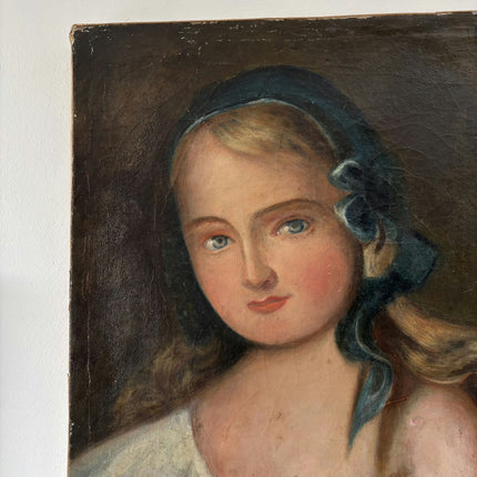 1885 Antique Portrait Oil Painting "Blue Ribbon Girl" Artwork Holland Art Shop