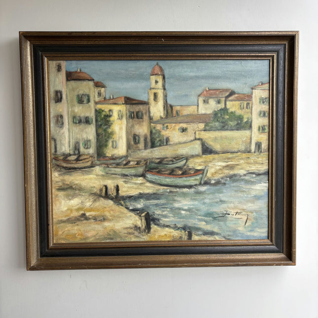 Expressive Harbor Scene Oil Painting "Boats Shoreline" Timeless Large Art Holland Art Shop