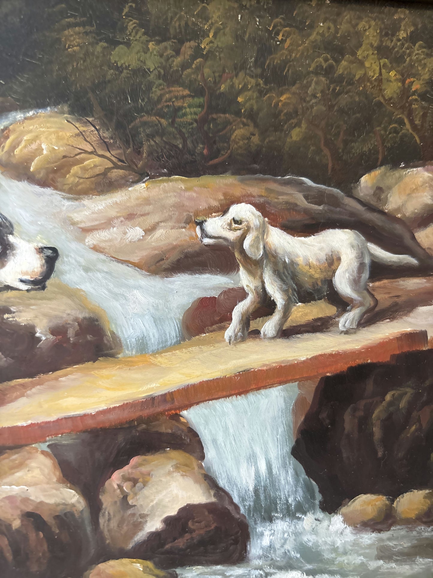 Antique Hand Made Dogs River Rocks Forest Bridge Oil Painting