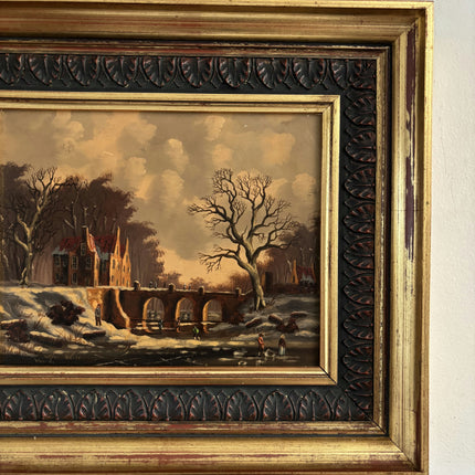 Traditional Oil Painting Scenery "Snowy Bridge" Antique Small Artwork