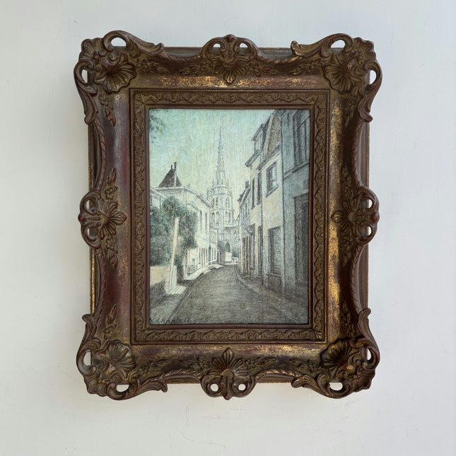 Vintage Cityscape Drawing "Ornate Frame" Traditional Small Artwork Holland Art Shop