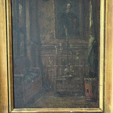 19th Century Antique Interior Oil Painting "Gilded Frame" Small Artwork Holland Art Shop