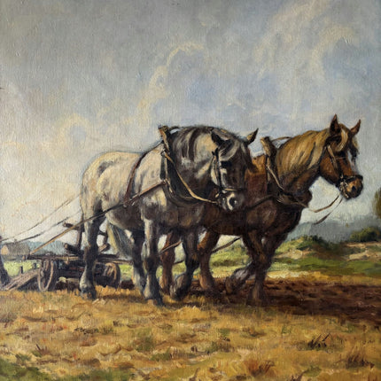 Antique Animals Oil Painting "Plowing Horses" Remarkable Large Artwork - HollandArtShop