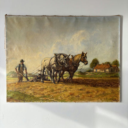 Antique Animals Oil Painting "Plowing Horses" Remarkable Large Artwork - HollandArtShop