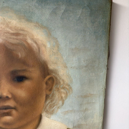 Antique “CHILD PORTRAIT” Oil Painting Blonde Girl in Green Dress 20th Century - HollandArtShop