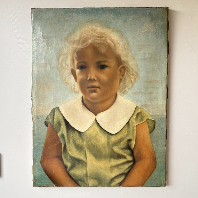 Antique “CHILD PORTRAIT” Oil Painting Blonde Girl in Green Dress 20th Century - HollandArtShop