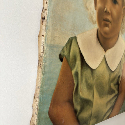 Antique “CHILD PORTRAIT” Oil Painting Blonde Girl in Green Dress 20th Century - HollandArtShop
