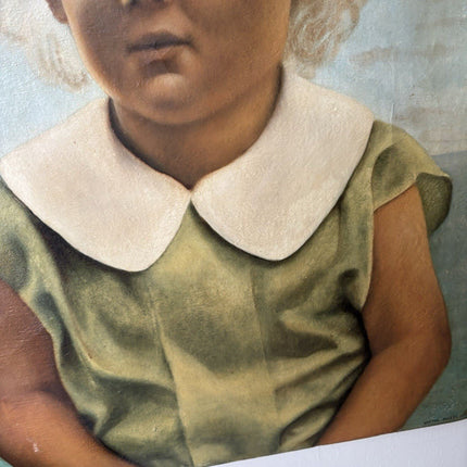 Antique “CHILD PORTRAIT” Oil Painting Blonde Girl in Green Dress 20th Century - HollandArtShop