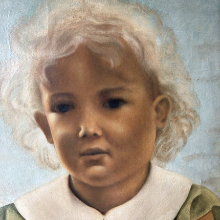 Antique “CHILD PORTRAIT” Oil Painting Blonde Girl in Green Dress 20th Century - HollandArtShop