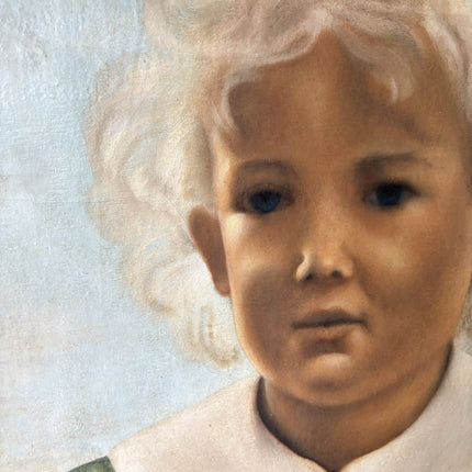 Antique “CHILD PORTRAIT” Oil Painting Blonde Girl in Green Dress 20th Century - HollandArtShop
